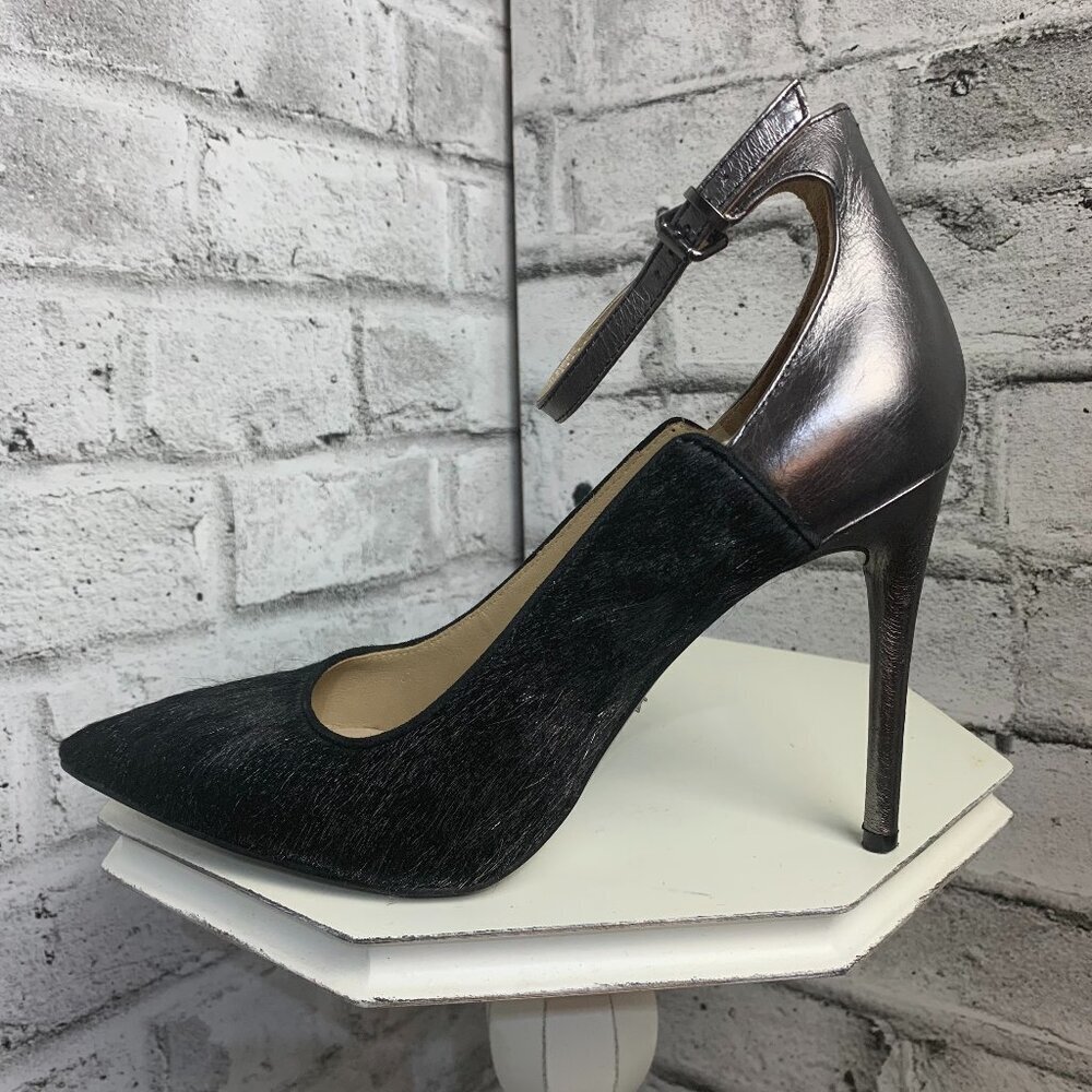 Kenneth Cole Silver Metallic Black Leather Pointy Toe Ankle Strap High Heel